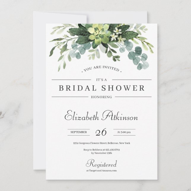 Boho greenery succulent floral eucalyptus bridal invitation (Front)