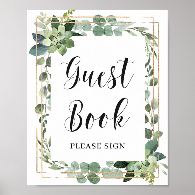 Boho Greenery Succulent Flowers Guest Book Sign (Front)
