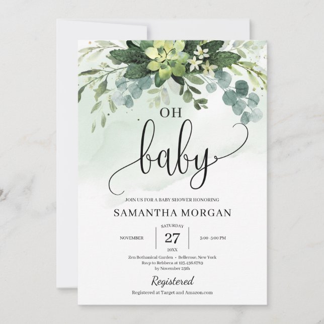 Boho greenery succulent foliage floral oh baby inv invitation (Front)