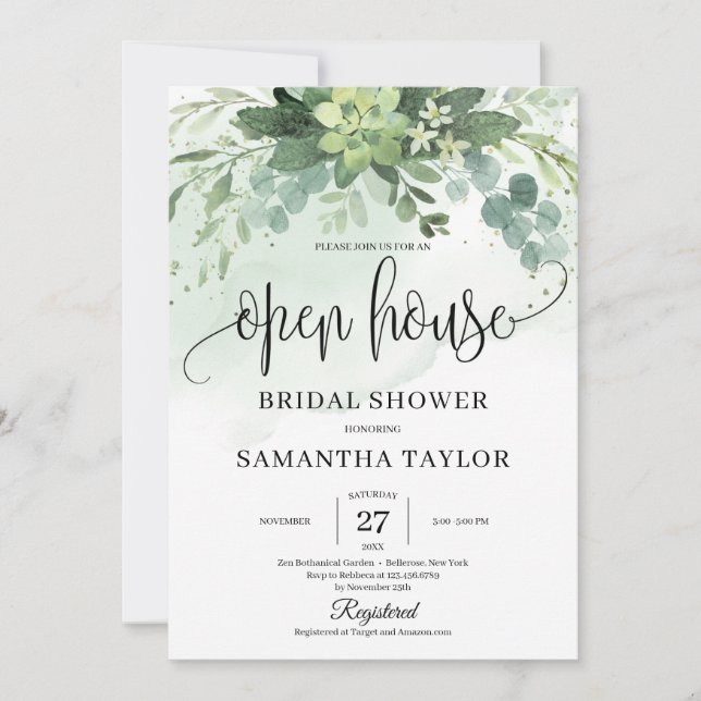 Boho Greenery Succulent Foliage Open House Bridal Invitation (Front)