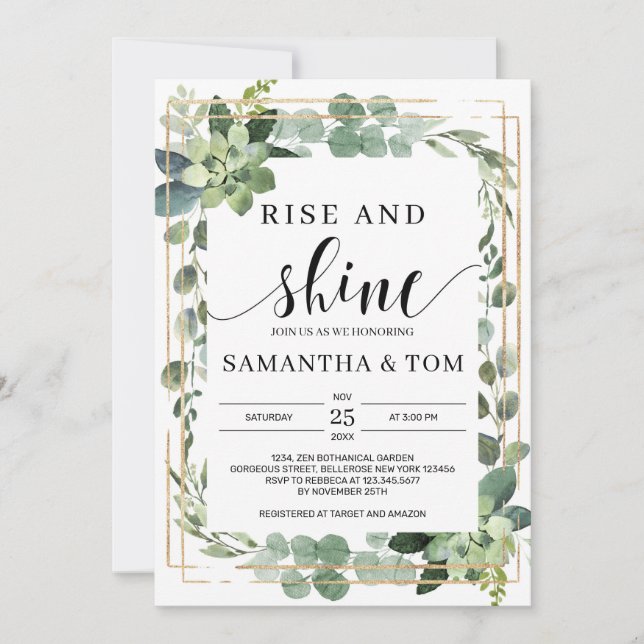 Boho greenery succulent foliage rise and shine invitation (Front)