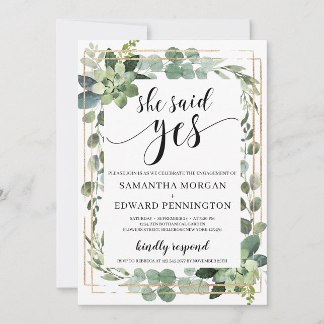 Boho greenery succulent she said yes engagement invitation (Front)
