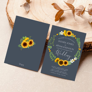 Boho Greenery Sunflower Royal Blue Wedding Invitation