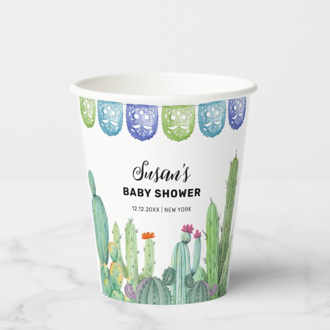 Boho Greenery Taco Fiesta Cactus Baby Shower  Paper Cups (Front)