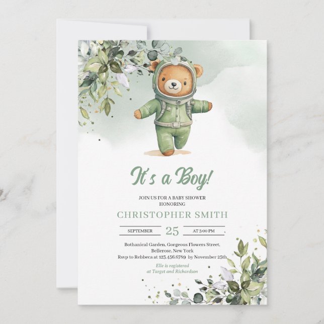 Boho greenery teddy bear astronaut gender neutral invitation (Front)