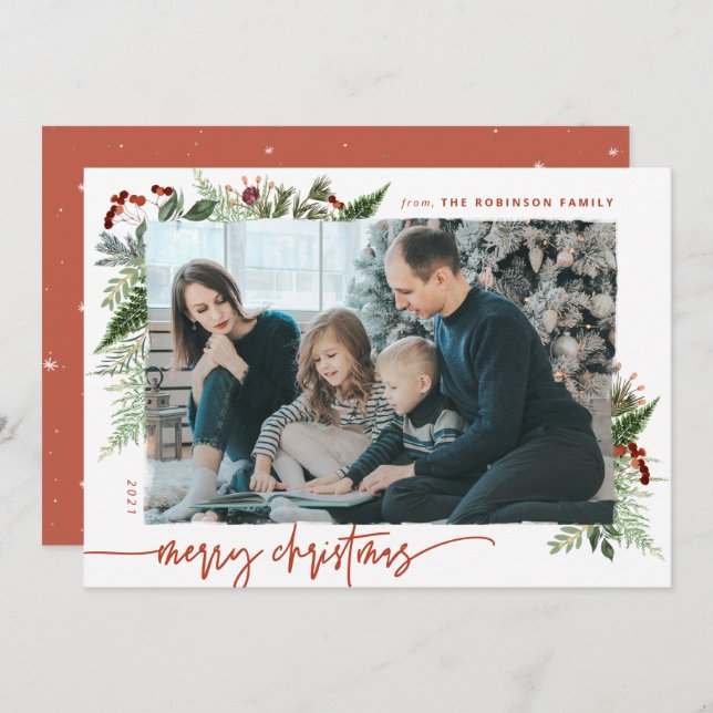 Boho Greenery Terracotta Rust Christmas Photo Holiday Card (Front/Back)