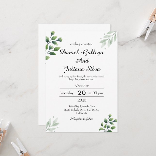 Boho Greenery Wedding Invitation (Front/Back In Situ)
