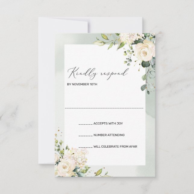 Boho Greenery White Roses Hydrangeas Wedding RSVP (Front)