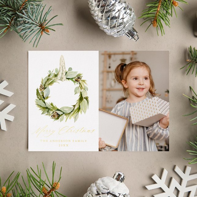 Boho Greenery Wreath Photo Foil Holiday Card (Creator Uploaded)