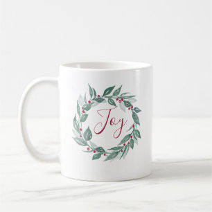 Boho Greenery Wreath Red Berries Joy Holiday Coffee Mug