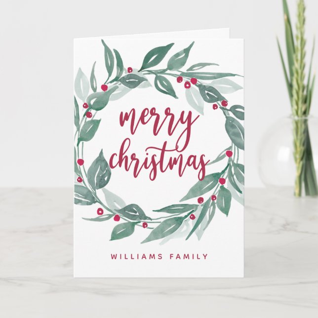 Boho Greenery Wreath Red Berries Merry Christmas Holiday Card (Front)
