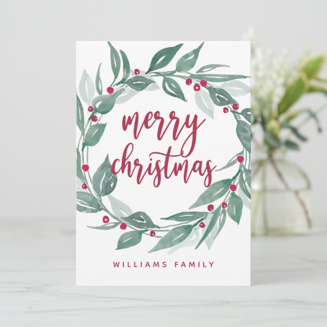 Boho Greenery Wreath Red Berries Merry Christmas Holiday Card (Standing Front)