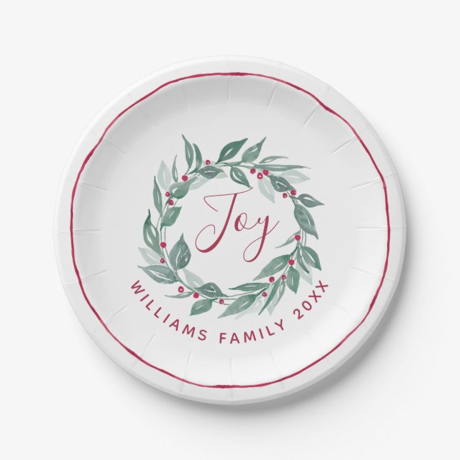 Boho Greenery Wreath Red Berries Name Holiday Paper Plate (Front)