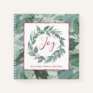 Boho Greenery Wreath Red Joy Script Family Name Notebook