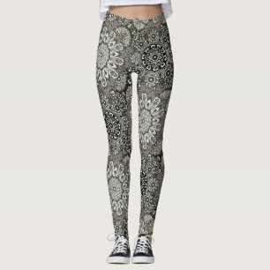 Boho Grey Black Mandala Pattern Leggings