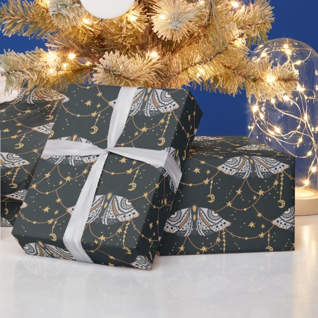 Boho Grey Celestial Moth Pattern Wrapping Paper (Holidays)