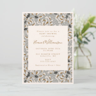 Boho Grey Gold Floral Botanical Baby Shower Invitation