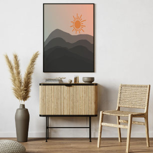 Boho grey Mountain Sunset Minimalist Art Poster
