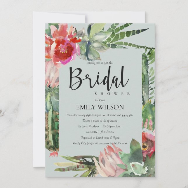 BOHO GREY PINK FLORAL CACTI FOLIAGE BRIDAL SHOWER INVITATION (Front)