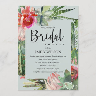 BOHO GREY PINK FLORAL CACTI FOLIAGE BRIDAL SHOWER INVITATION