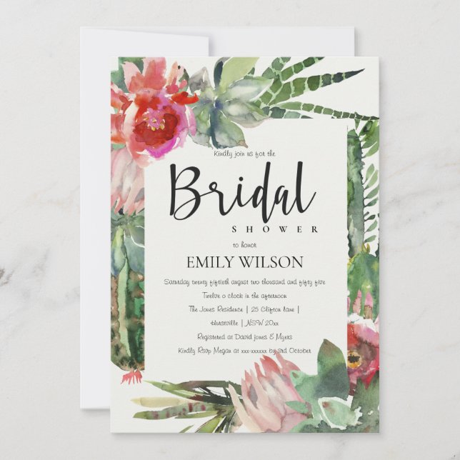 BOHO GREY PINK FLORAL CACTI FOLIAGE BRIDAL SHOWER INVITATION (Front)