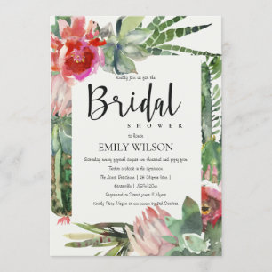 BOHO GREY PINK FLORAL CACTI FOLIAGE BRIDAL SHOWER INVITATION