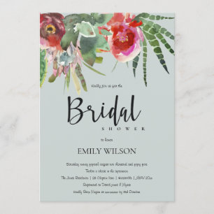 BOHO GREY PINK FLORAL CACTI FOLIAGE BRIDAL SHOWER INVITATION