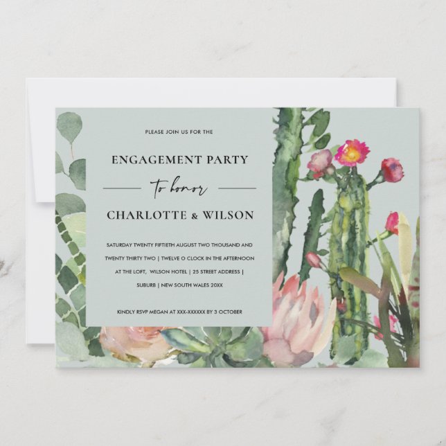 BOHO GREY PINK FLORAL CACTUS FOLIAGE ENGAGEMENT INVITATION (Front)