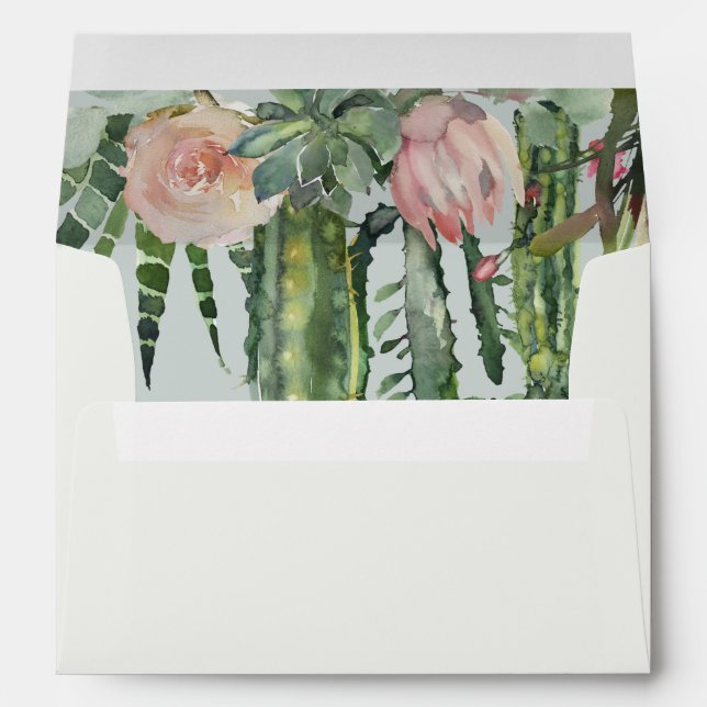 BOHO GREY PINK FLORAL DESERT CACTI FOLIAGE ADDRESS ENVELOPE (Back (Bottom))