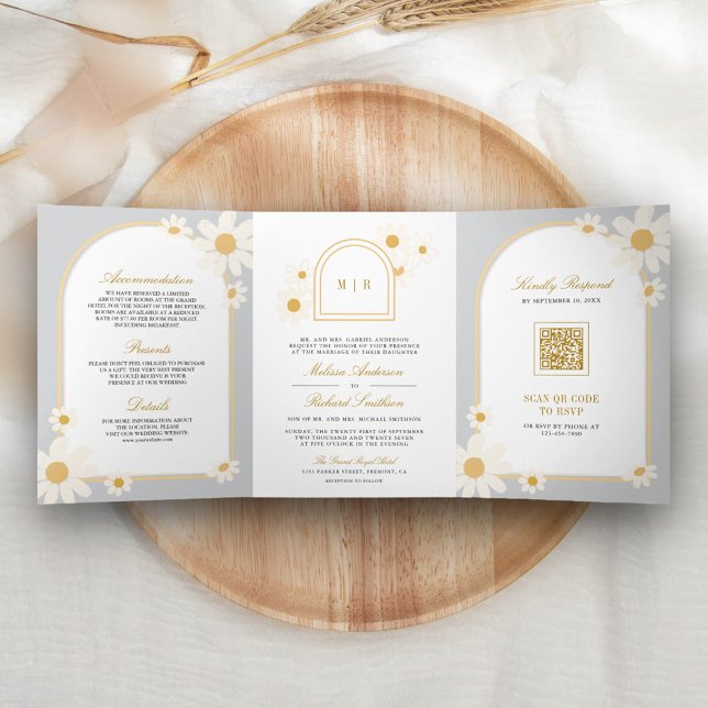 Boho Grey Retro Yellow Daisy All in One Wedding Tri-Fold Invitation (Creator Uploaded)