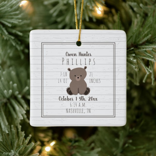 Boho Grey Wood Bear Cub Baby Boy Birth Stats Ceramic Ornament (Tree)