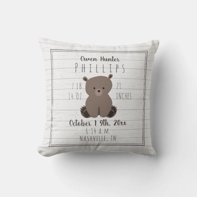 Boho Grey Wood Bear Cub Baby Boy Birth Stats Cushion (Front)