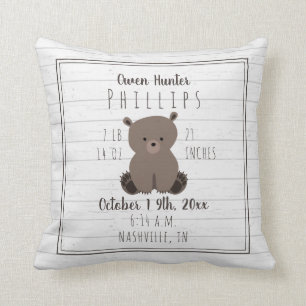 Boho Grey Wood Bear Cub Baby Boy Birth Stats Cushion