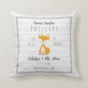 Boho Grey Wood Fox Baby Boy Birth Stats Cushion
