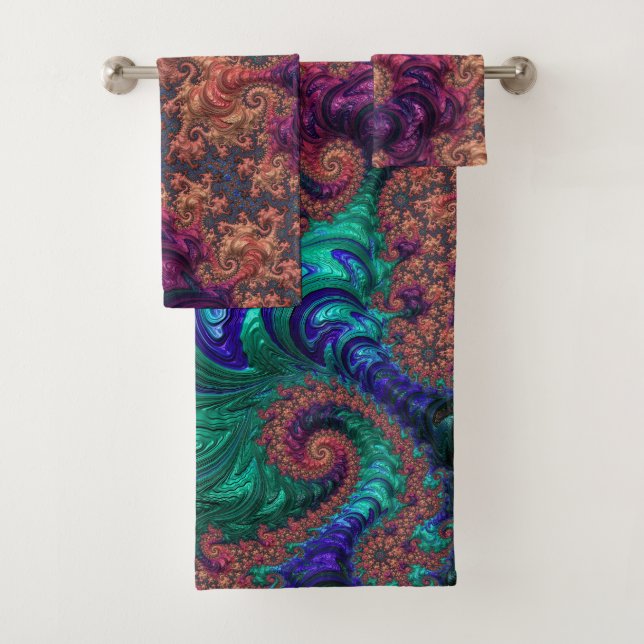 Boho Groovy Colourful Jewel Tone Abstract Fractal Bath Towel Set (Insitu)