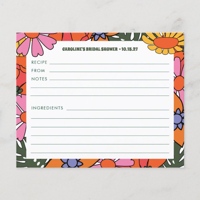 Boho Groovy Floral Shower Personalised Recipe Card (Front)