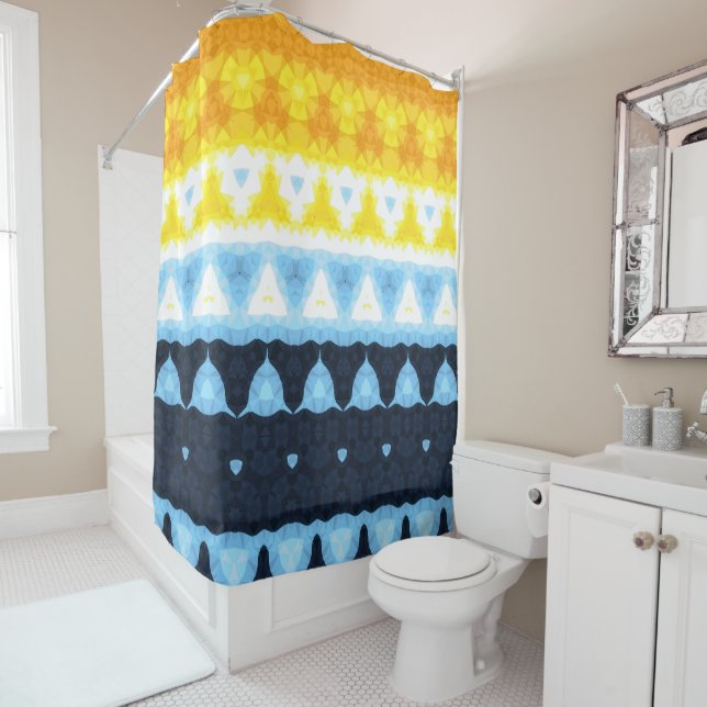 Boho Groovy Geometric Abstract AroAce Pride Flag Shower Curtain (In Situ)