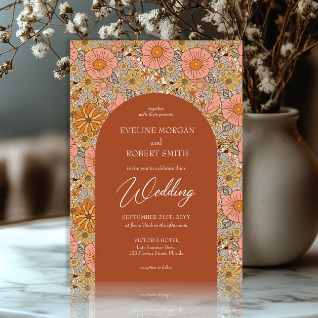 Boho groovy terracotta and pink flowers wedding invitation (trendy retro groovy flowers terracotta copper and pink wedding invitation)