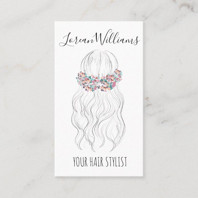 Boho Hair Wedding Hairdresser Floral Romantic QR Business Card (Front)