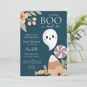 Boho Halloween Baby Shower Cute Ghost on Teal Invitation