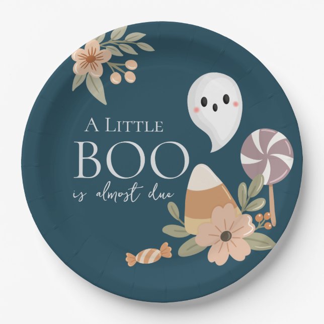 Boho Halloween Baby Shower Cute Ghost Teal Paper Plate (Front)