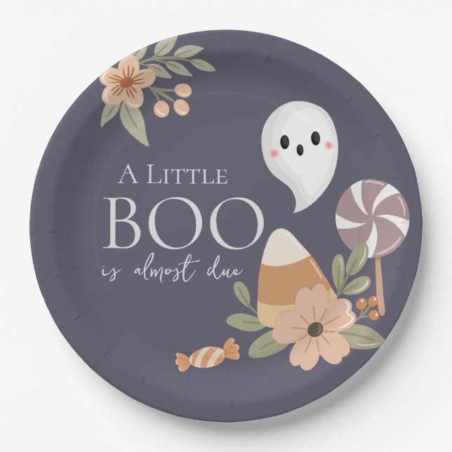 Boho Halloween Baby Shower Little Boo – Cute Ghost Paper Plate (Front)