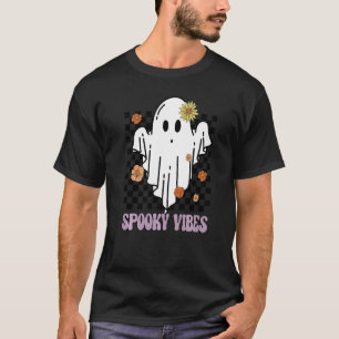 Boho Halloween Ghost Floral Spooky Vibes Retro Hal T-Shirt