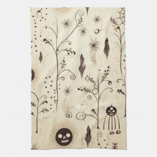 Boho Halloween Masks & Botanical Swirls Pattern Tea Towel