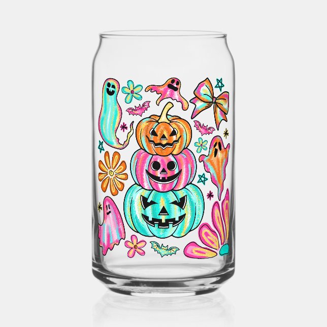 Boho Halloween Pumpkin Ghost Can Glass (Back)