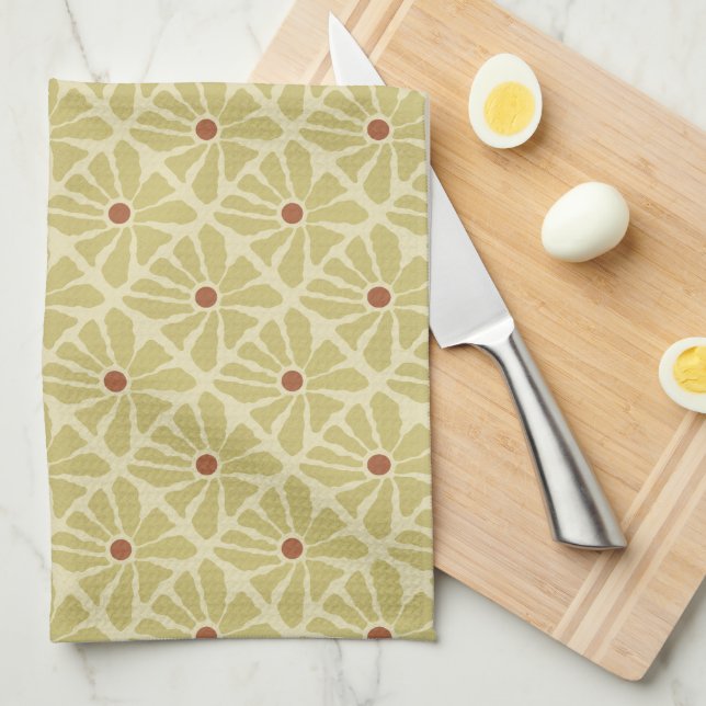 Boho Hand Drawn Floral Pattern in Mustard Yellow Tea Towel (Quarter Fold)