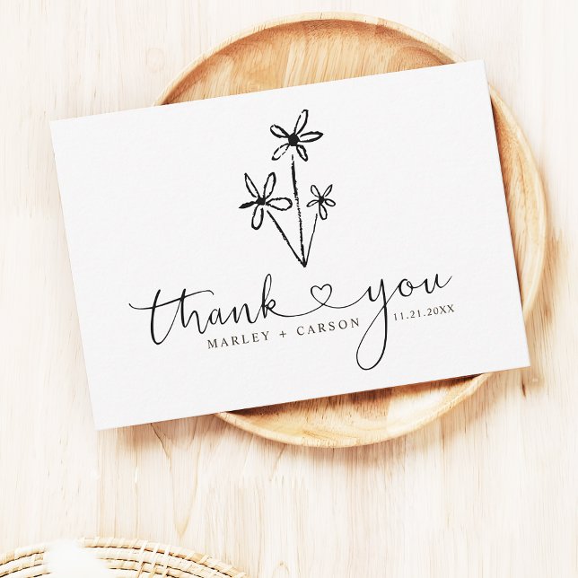 Boho Hand Drawn Floral Script Heart Wedding Thank You Card (Creator Uploaded)