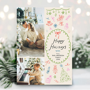 Boho Hand Drawn Happy Holidays 2 Photo Holiday Card