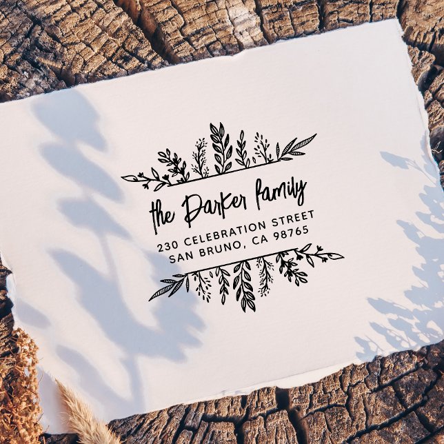 Boho Hand-drawn Leaves Frame Modern Return Address Rubber Stamp (Stamp Mockup)