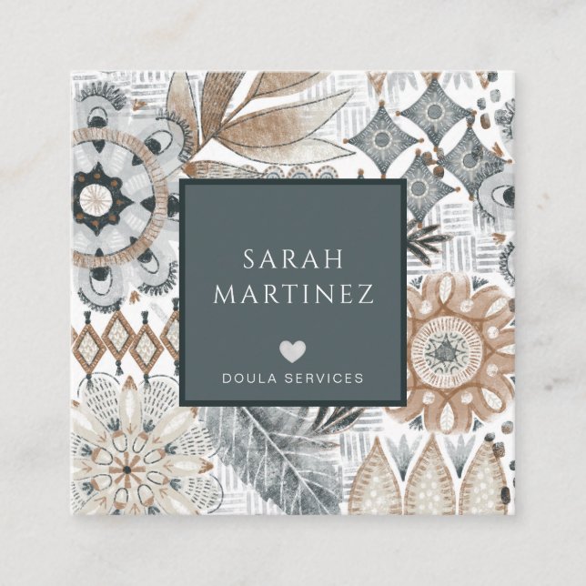 Boho Hand Drawn Shapes Doula Birth Services Square Business Card (Front)